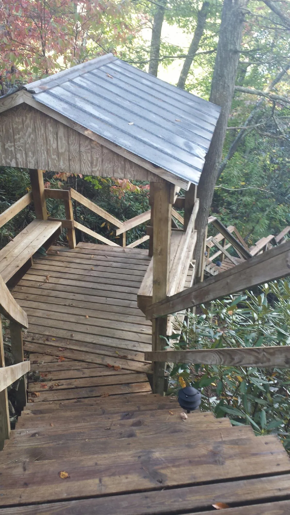 Metal roofed shelter over wooden steps on a wooded walkway — Skylight Repair & Installation work by our crew in Bradford